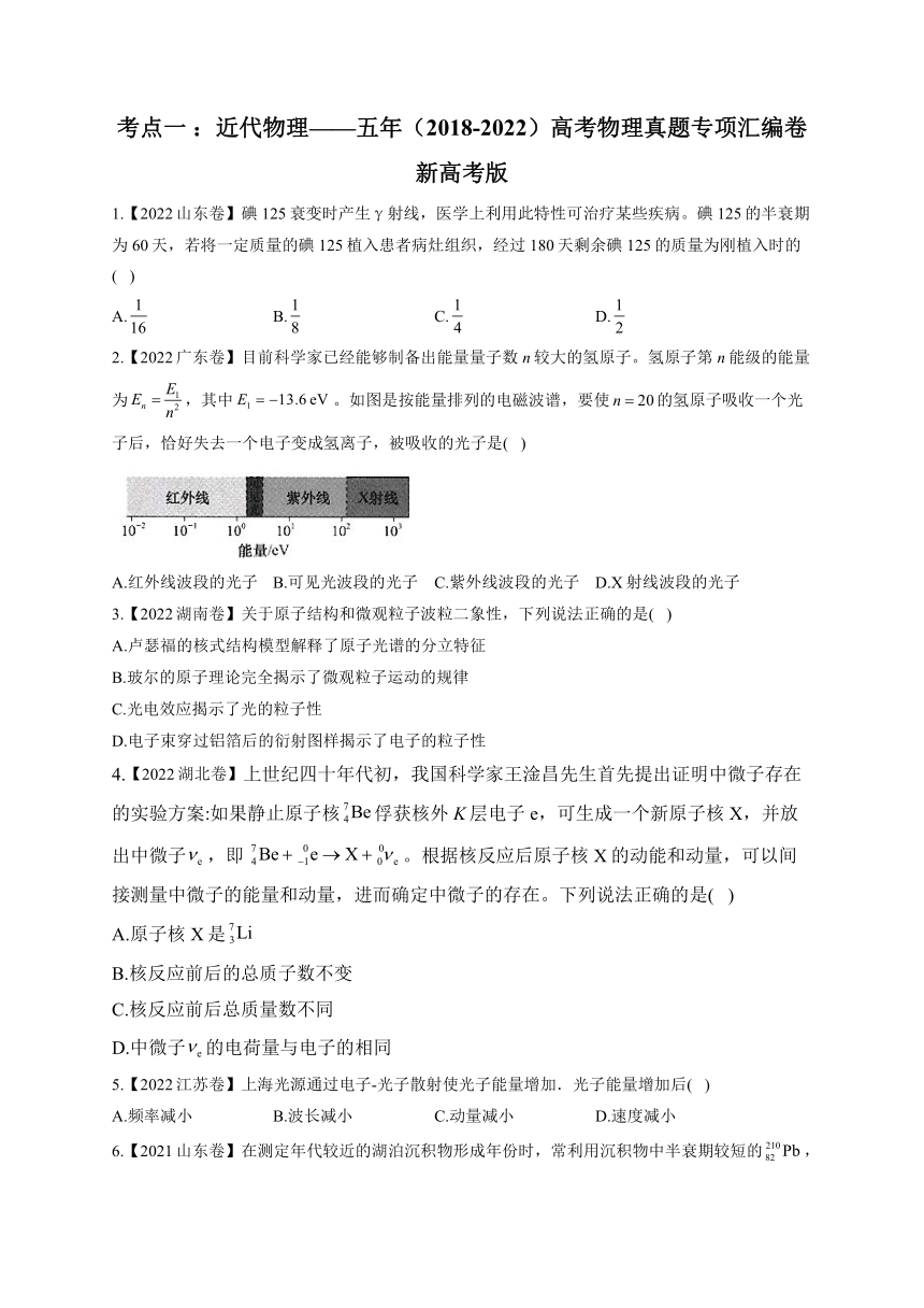 【新高考版】考点一 ：近代物理——五年（2018-2022）高考物理真题专项汇编卷（含解析）