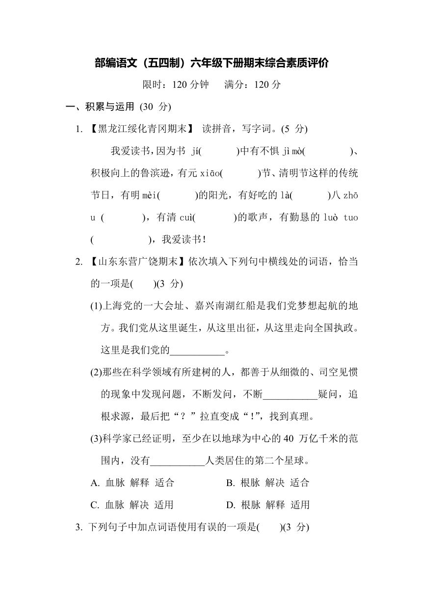 部编语文（五四制）六年级下册期末综合素质评价（含答案）