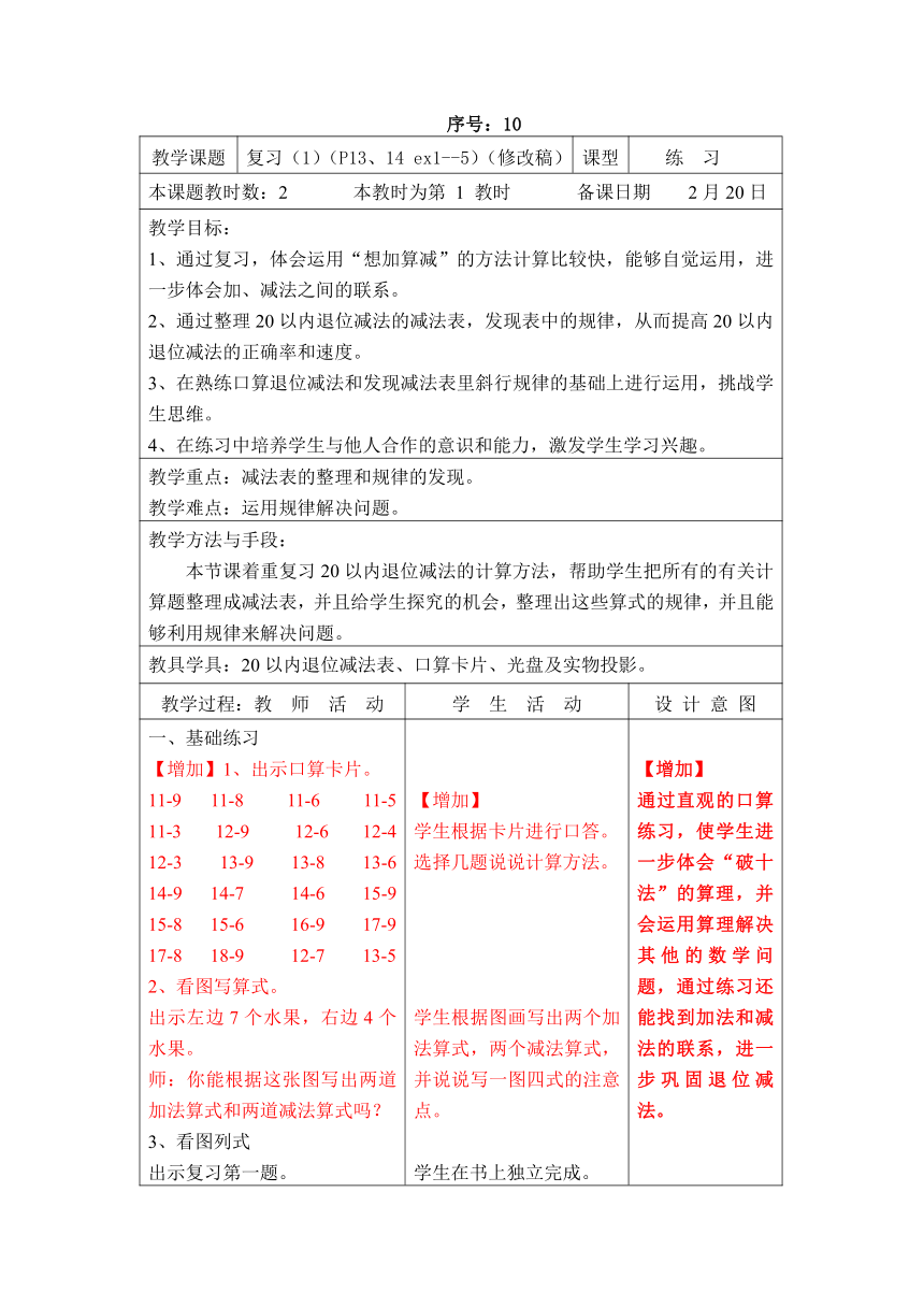 10.【苏教版】数学一年级下册 电子备课教案（表格式） 第一单元 复习（1）