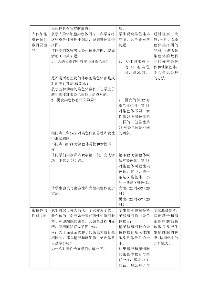 沪教版生物八年级第一册2.3.2染色体与人体性别决定教案（表格式）