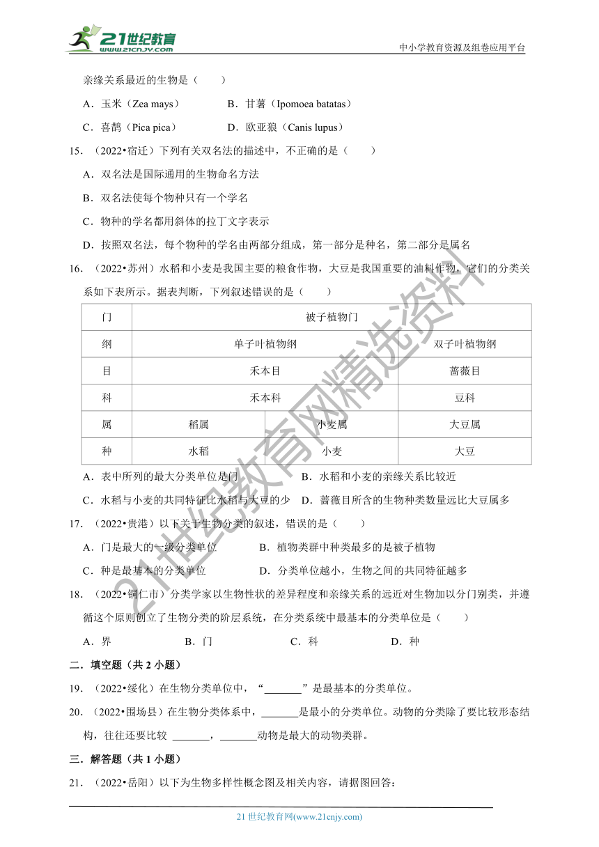 【备考2023】2022年中考生物真题分类汇编10——生物的分类部分（含解析）