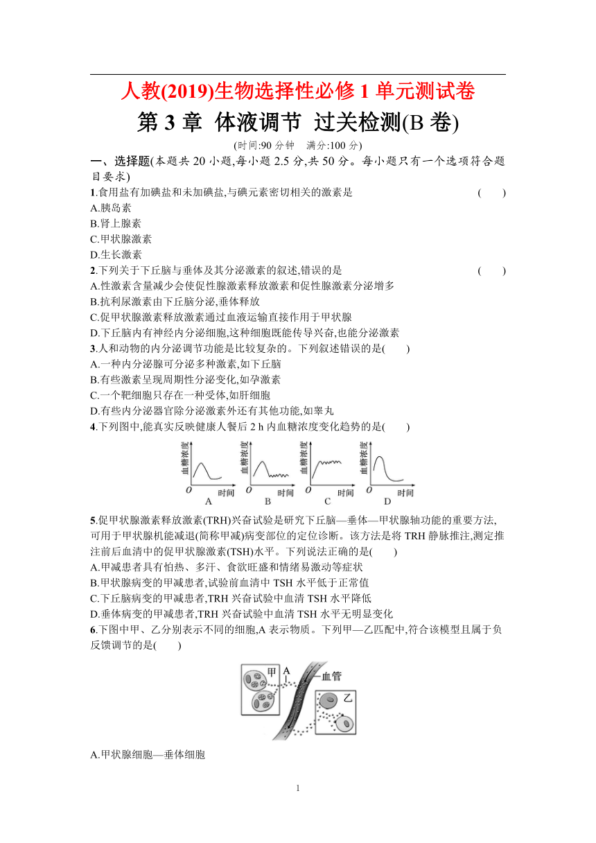 人教(2019)生物选择性必修1单元测试卷：第3章 体液调节 过关检测(B卷) (含答案）