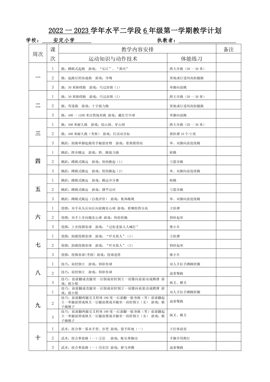 六年级教学计划 （表格式）