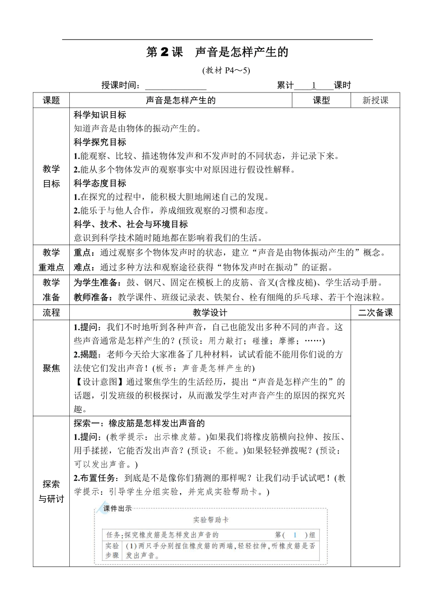 教科版（2017秋）科学四年级上册第一单元 第2课　声音是怎样产生的 教案