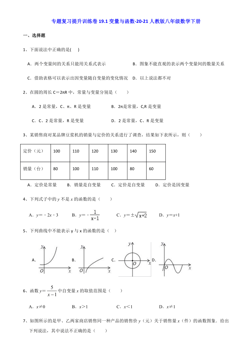 19.1变量与函数-2020-2021学年人教版八年级数学下册专题复习提升训练（Word版含解析）