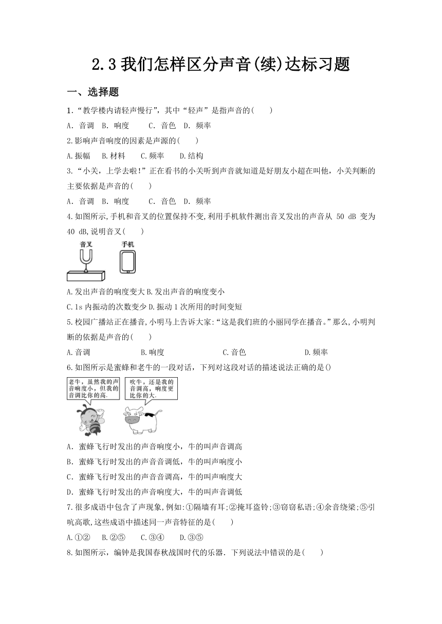 2.3我们怎样区分声音(续)达标习题  2021-2022学年沪粤版物理八年级上册（含答案）