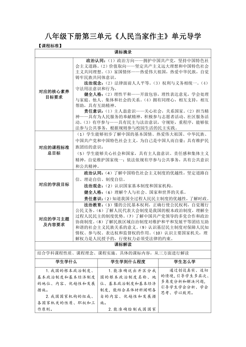 【核心素养目标】 第三单元 人民当家作主 单元导学  教案