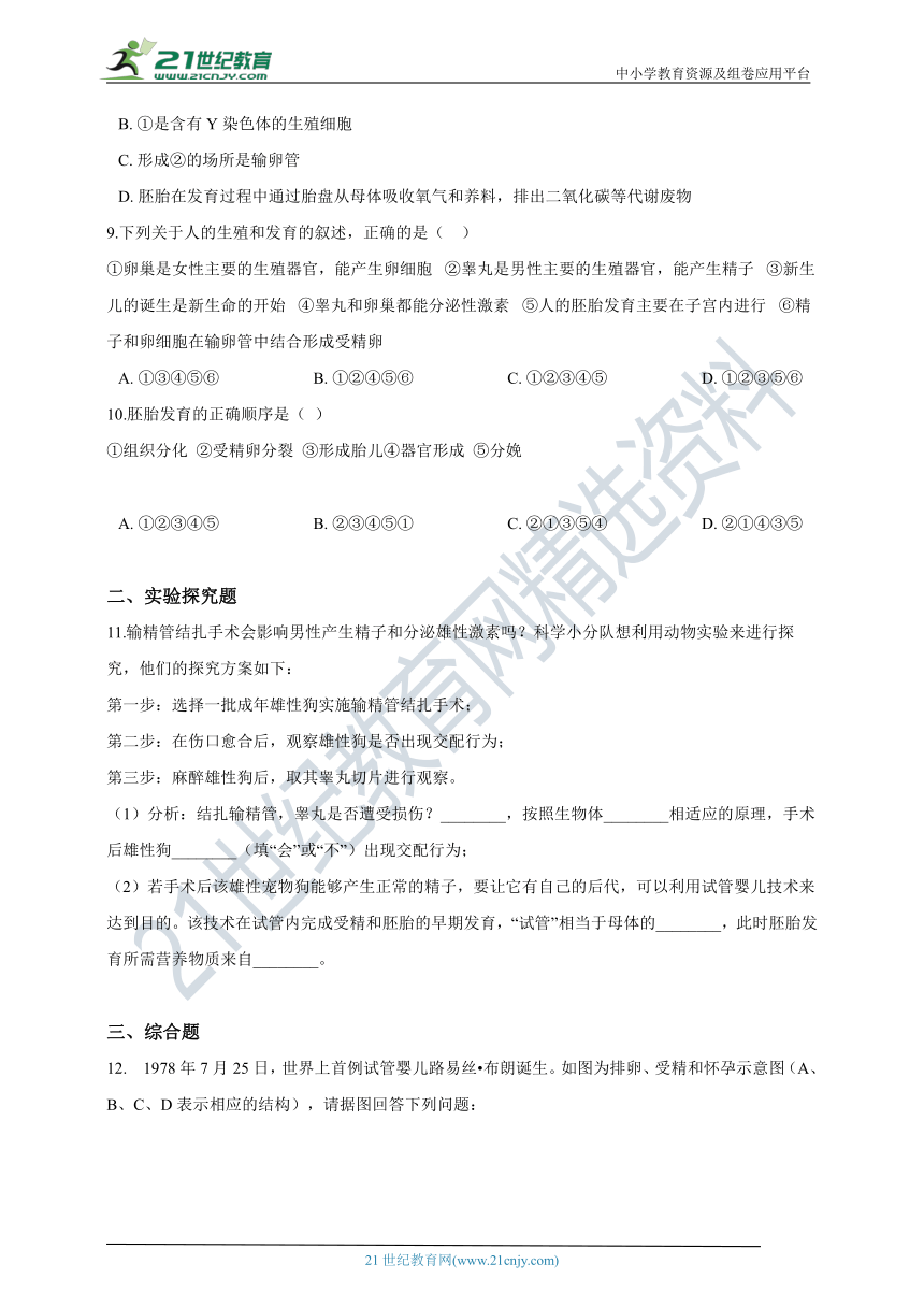 初中生物苏教版七年级下册4.8.1精卵结合孕育新的生命 同步练习（含解析）