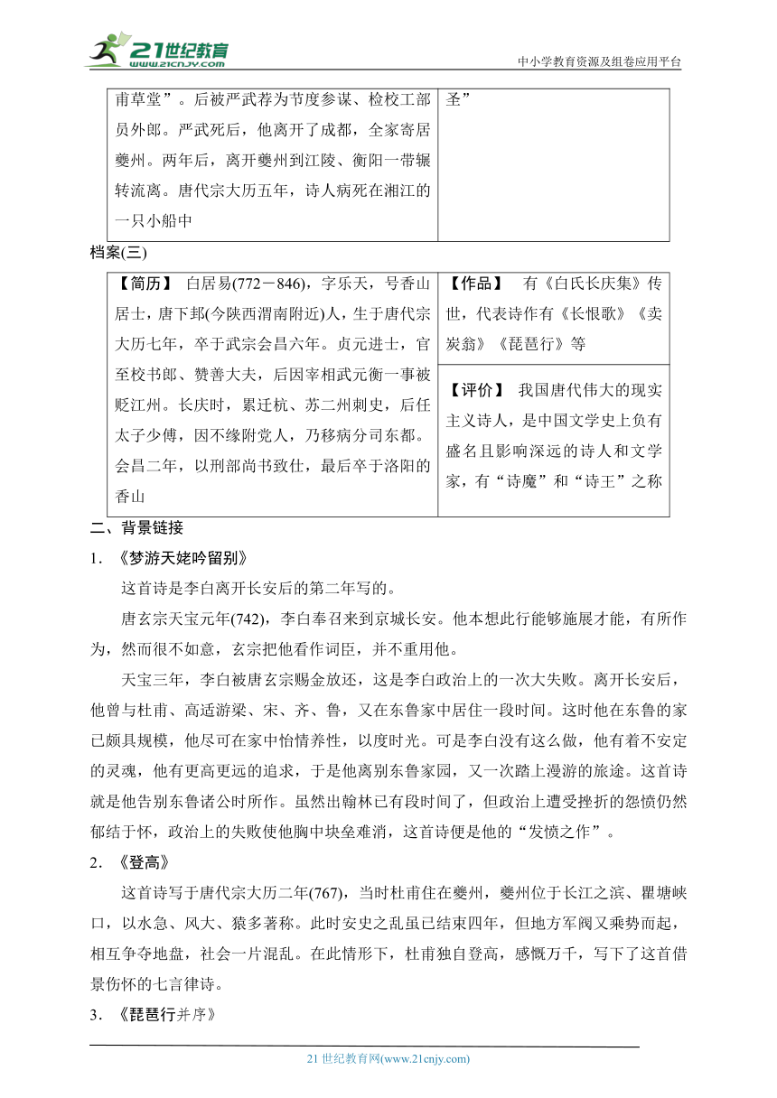 第8课　梦游天姥吟留别　登高　琵琶行并序  教案