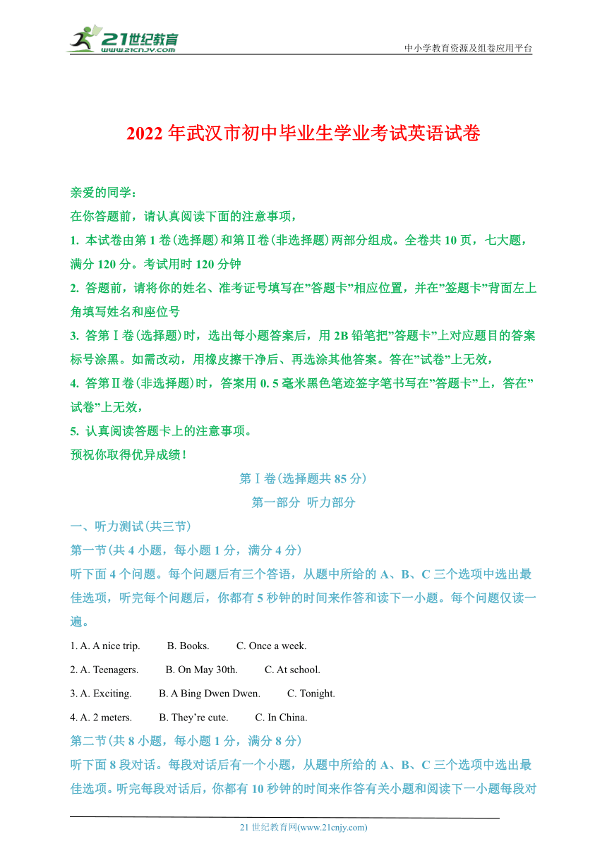 2022年湖北省武汉市中考英语真题试卷（含答案解析，无听力材料及音频）