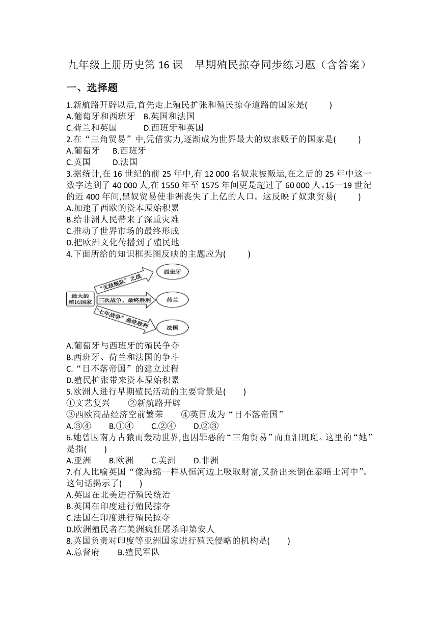 九年级上册历史第16课　早期殖民掠夺同步练习题（含答案）