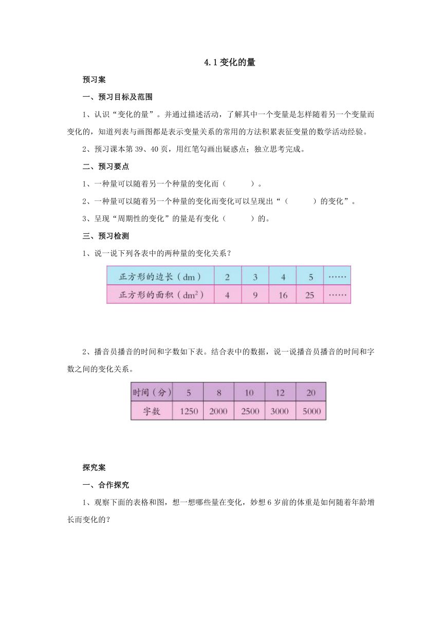 4.1变化的量导学案1 六年级数学下册-北师大版（含答案）