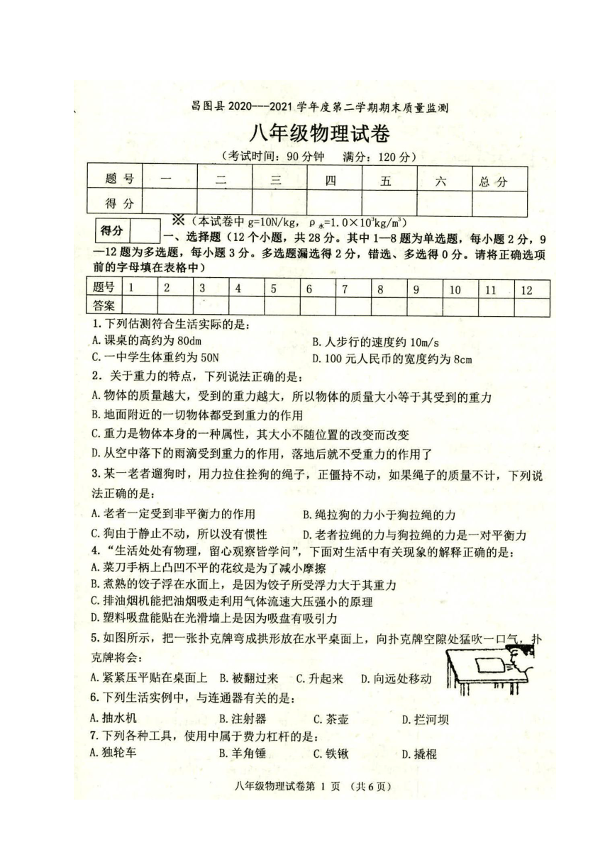 辽宁省昌图县2020-2021学年八年级下学期期末考试物理试题（图片版有答案）