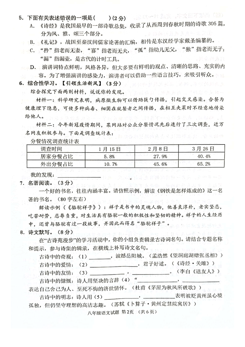 山东省枣庄市市中区2021－2022学年八年级下学期期末质量监测语文试题（pdf版含答案）