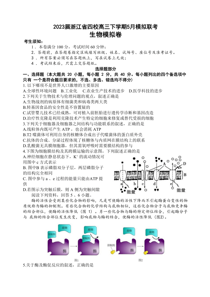 2023届浙江省四校高三下学期5月模拟联考生物学试卷（Word版含答案）