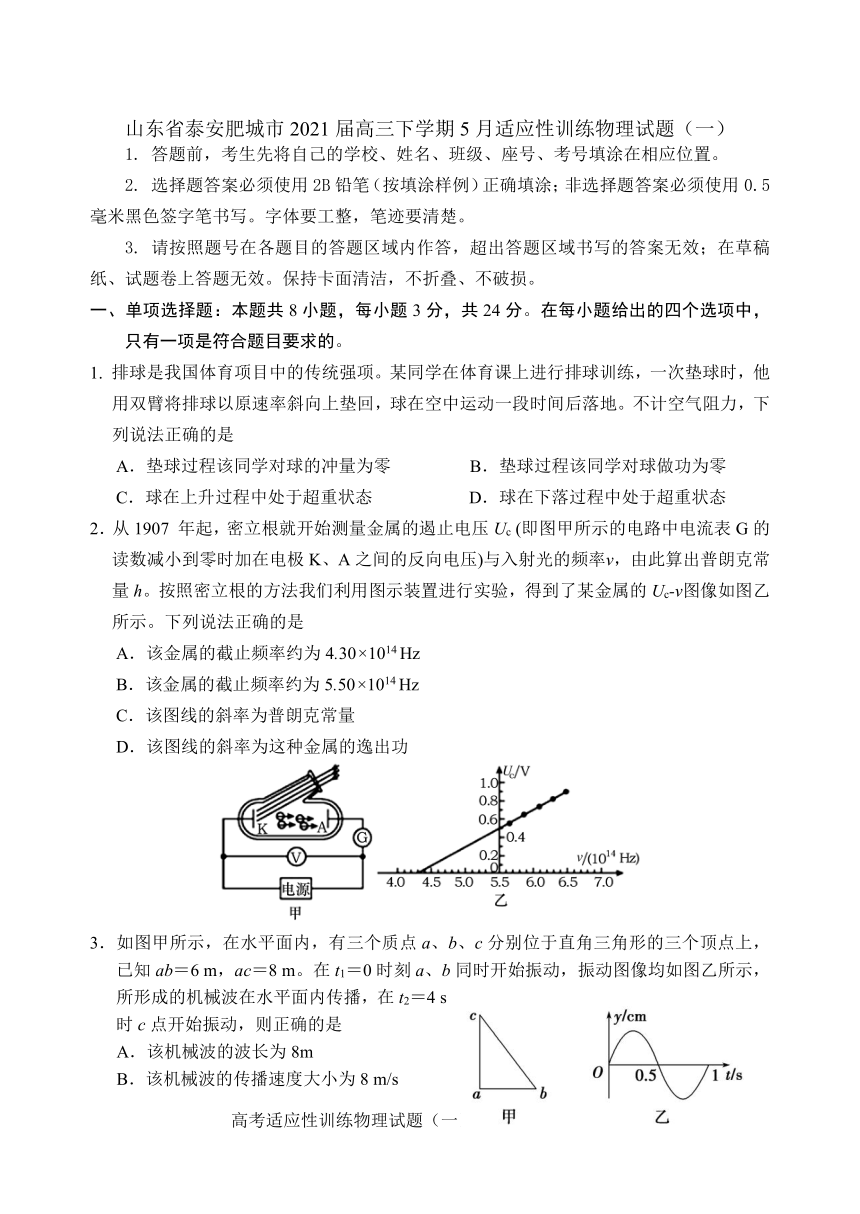 山东省泰安肥城市2021届高三下学期5月适应性训练物理试题（一） Word版含答案