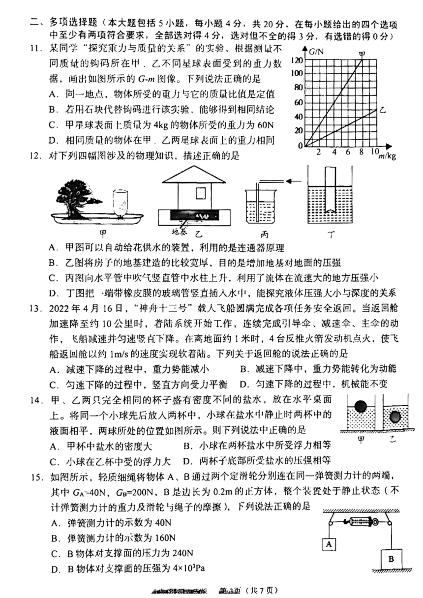 山东省日照五莲县2021-2022学年八年级下学期物理期末考试试题（PDF版无答案）