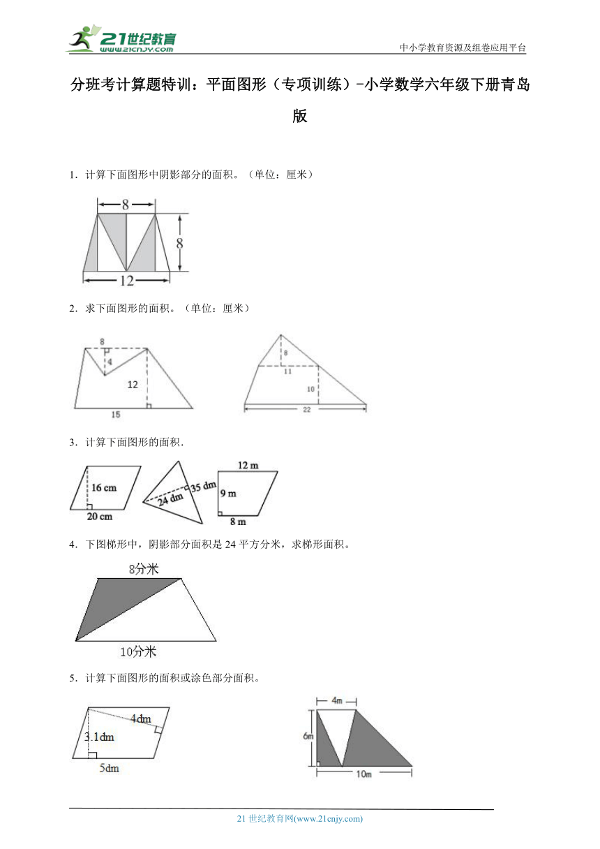 分班考计算题特训：平面图形（专项训练）-小学数学六年级下册青岛版（含答案）