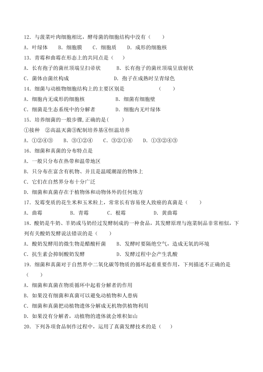 人教版初中生物八年级上册第五单元第四章《细菌和真菌》检测题（word版含答案）