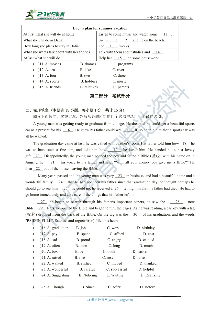 浙江省2021年初中英语学业水平考试模拟卷（2）（适用于衢州，金华，嘉兴市）（含答案+听力原文）