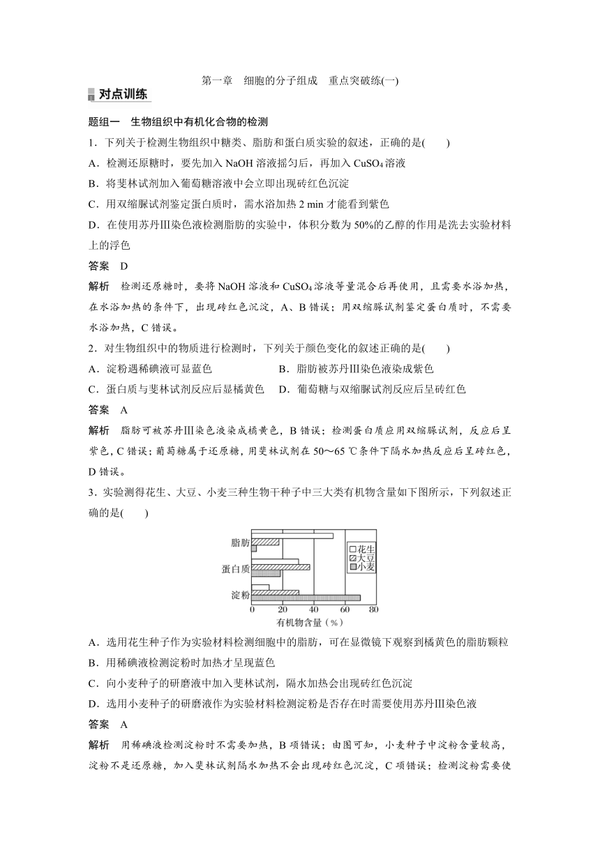 2022-2023学年苏教版2019高中生物必修1 第一章　细胞的分子组成  重点突破练(一)（word版含解析）