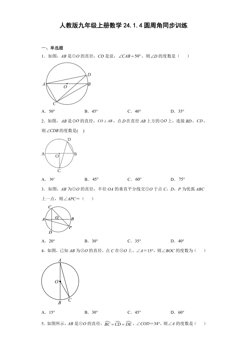 人教版九年级上册数学24.1.4圆周角同步训练（word、含答案）