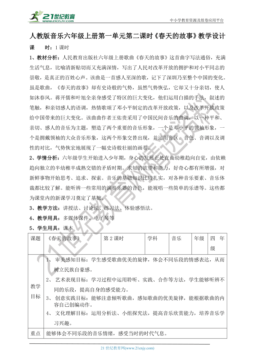 【核心素养目标】人教版六年级上册第一单元第二课时《春天的故事》教案