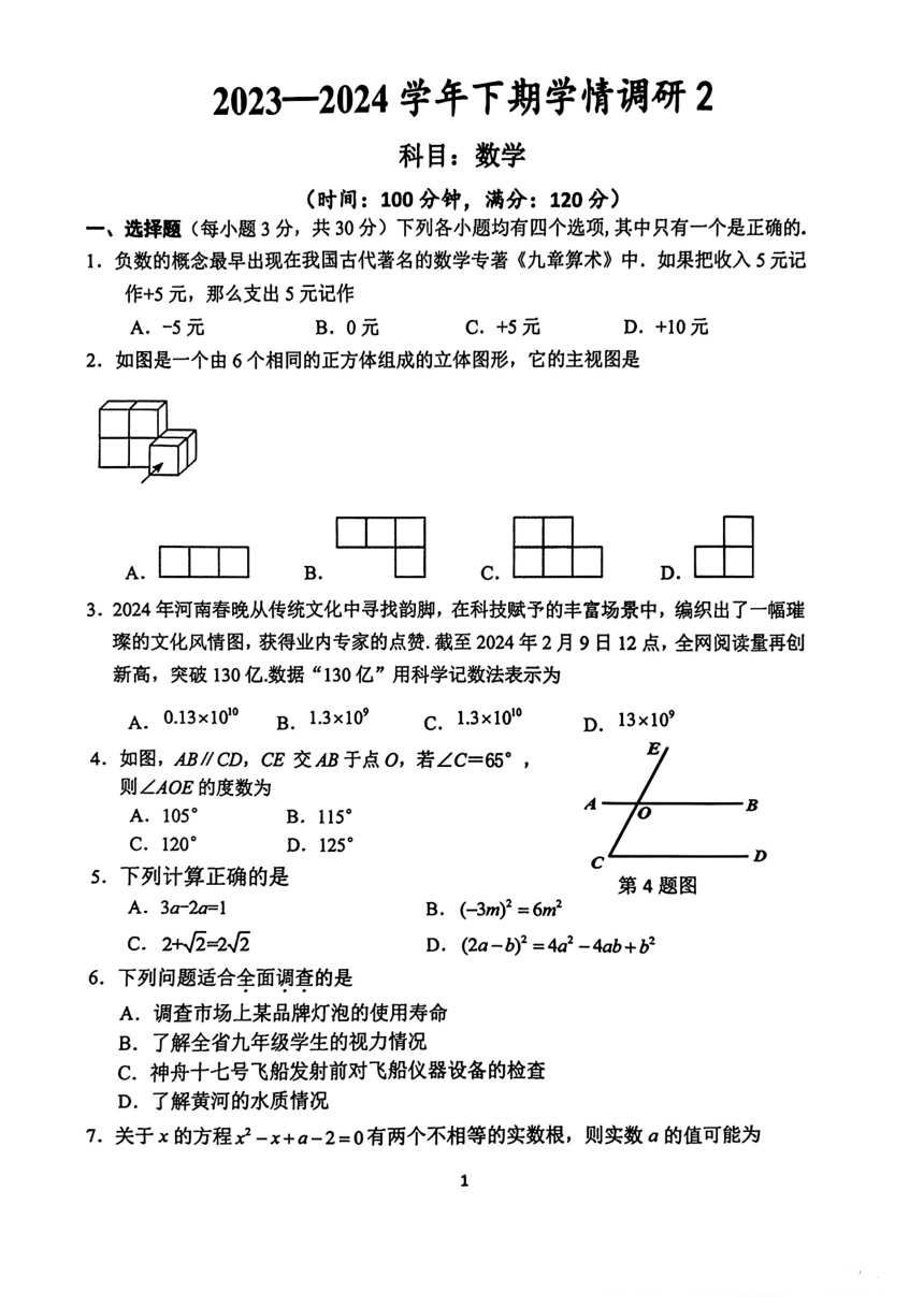 2024年河南省实验中学中考二模考试数学试题(图片版含答案)