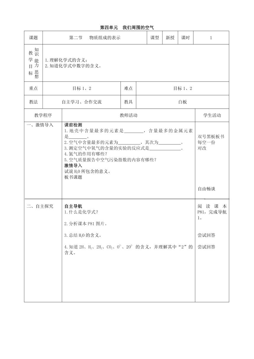 鲁教版化学九年级上册 第四单元 第二节   物质组成的表示教案（表格式）