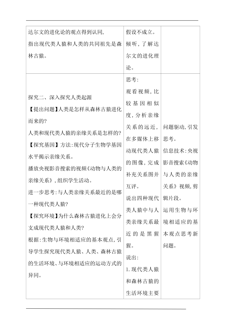 第一章人的由来 第一节　人类的起源和发展   表格式教案