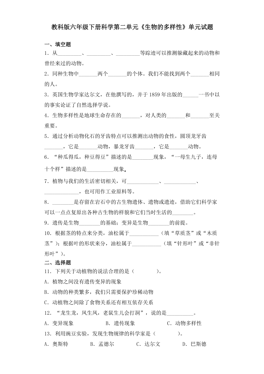 教科版六年级下册科学第二单元《生物的多样性》单元试题（含答案）