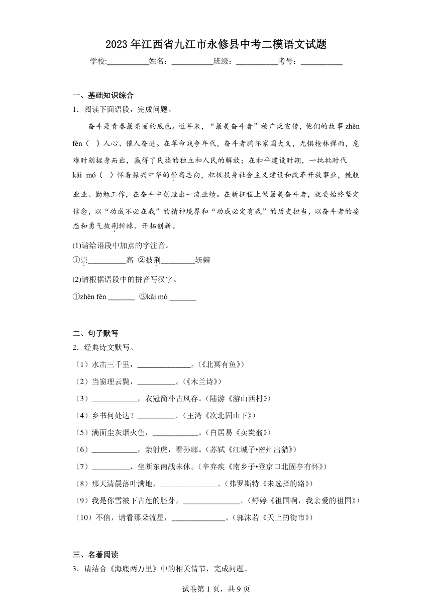 2023年江西省九江市永修县中考二模语文试题（含解析）