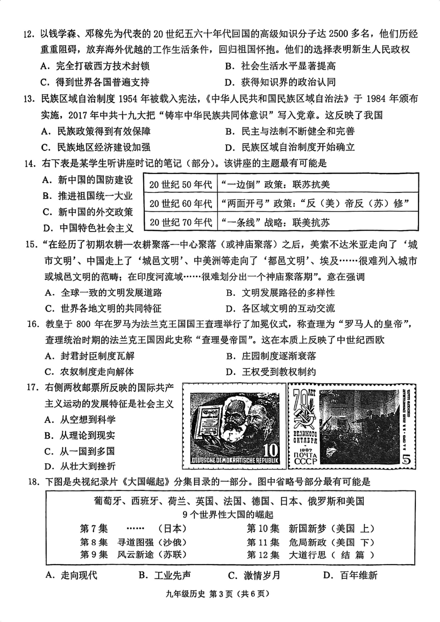 2024年江苏省苏州市姑苏区九年级下学期历史模拟试卷（扫描版无答案）