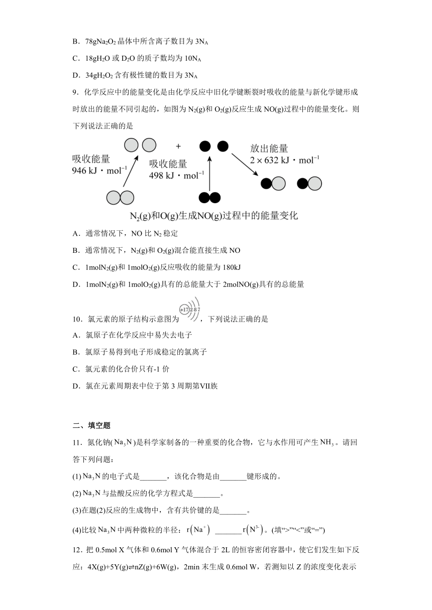 第2章《化学键化学反应规律》测试卷（含答案）下学期高一化学鲁科版（2019）必修第二册