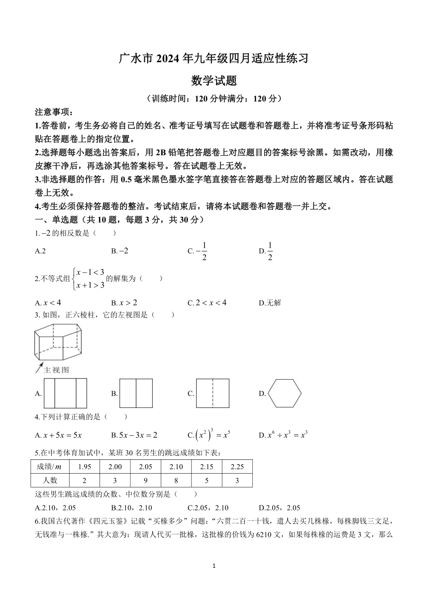 2024年湖北省随州市广水市中考二模数学试题(含答案)