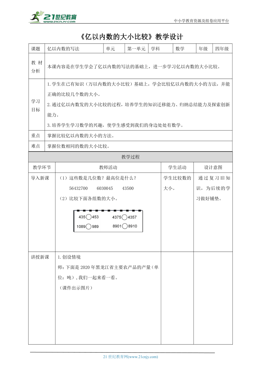 人教版小学数学四年级上册1.4《亿以内数的大小比较》教学设计