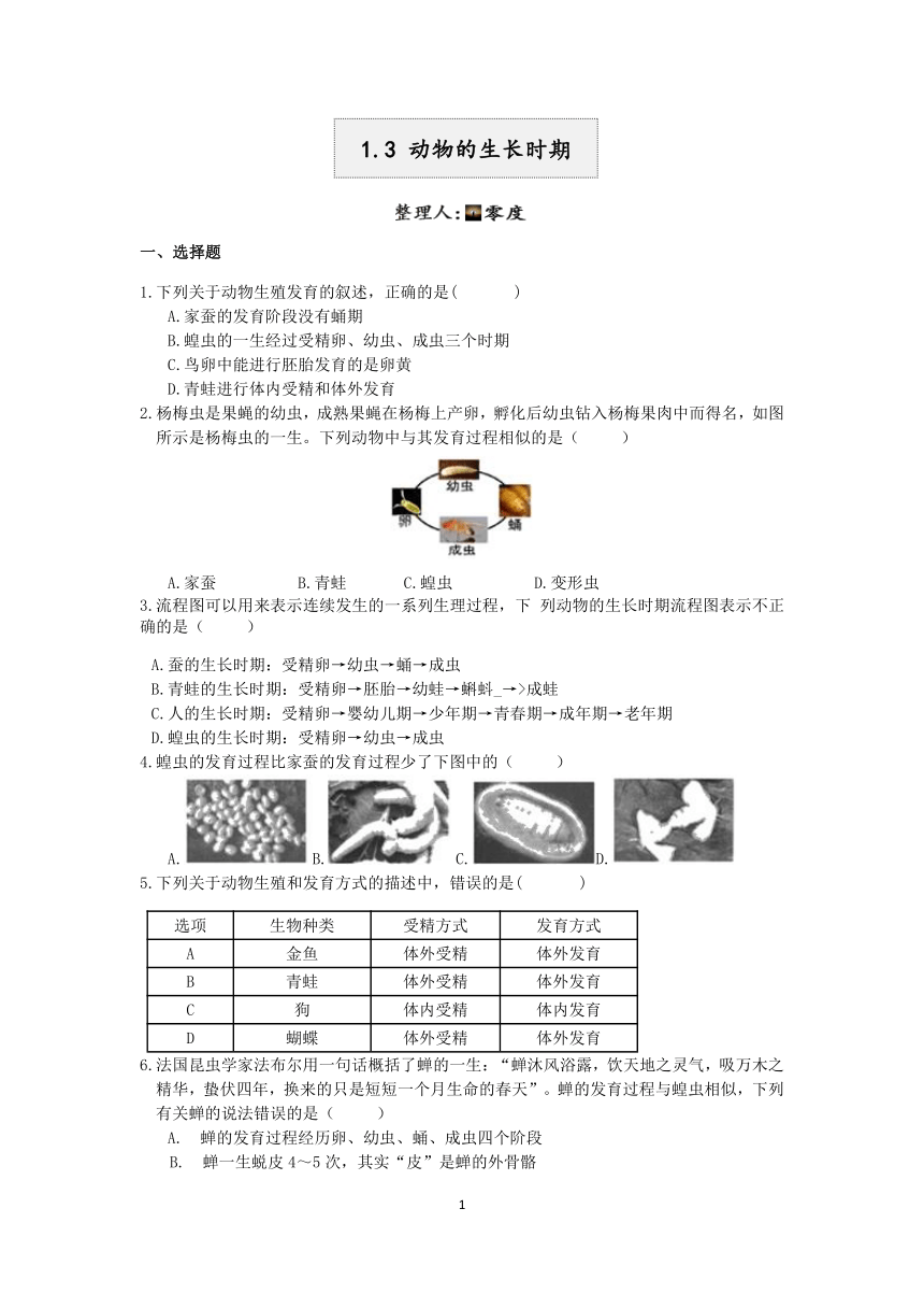 浙教版2022-2023学年第二学期七年级科学”一课一练：1.3动物的生长时期【word，含答案解析】