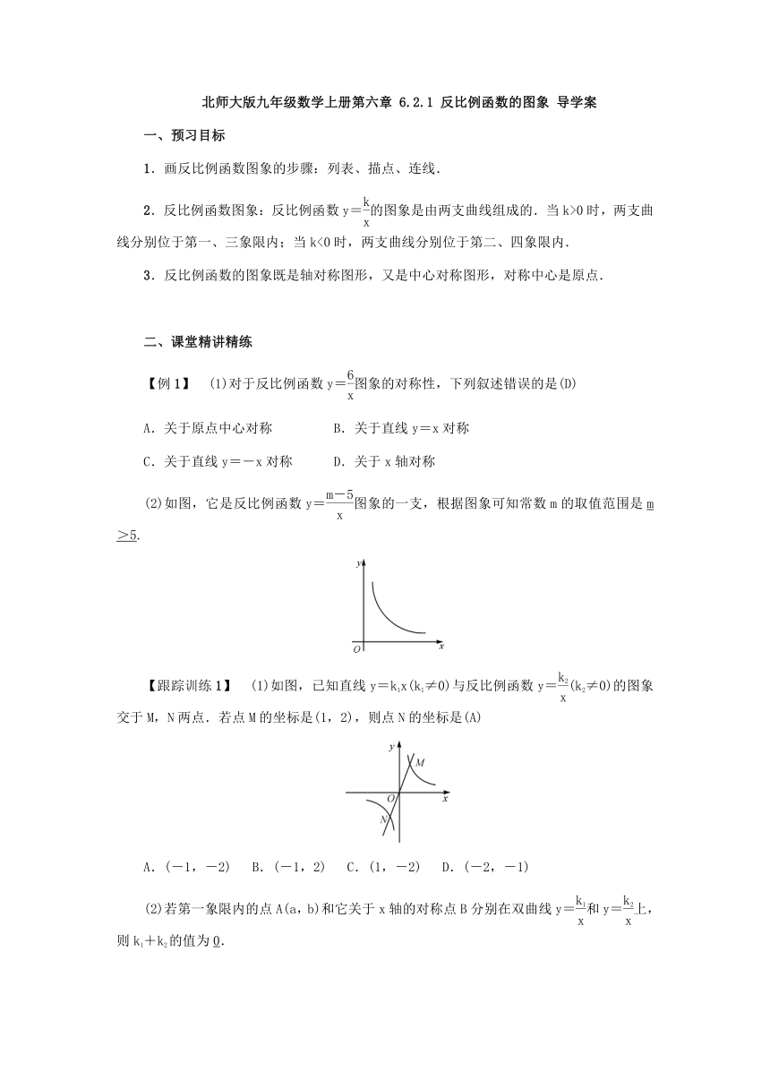 北师大版数学九年级上册：6.2.1 反比例函数的图象 导学案（含答案）