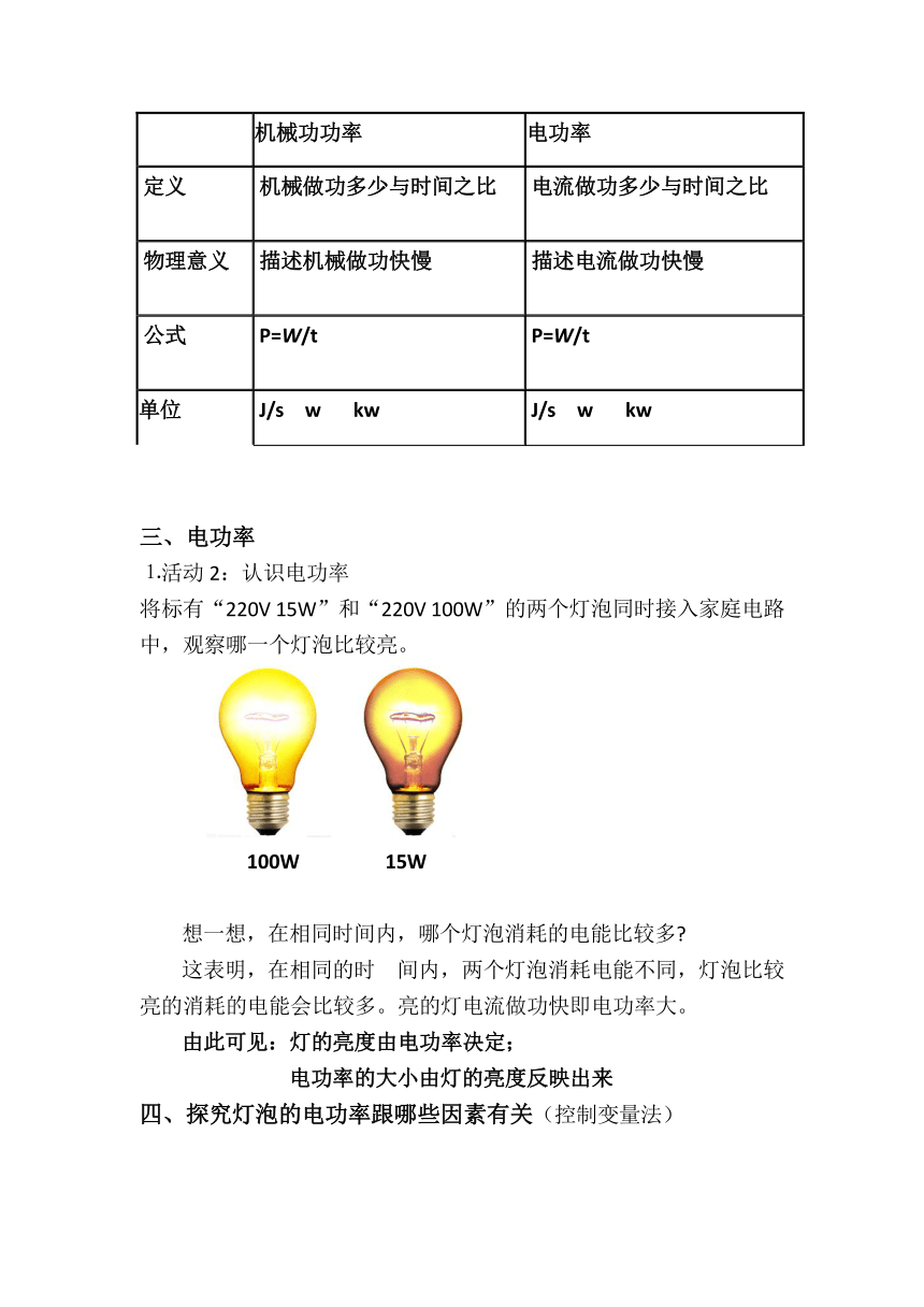 沪粤版初中物理九年级上册 15.2  认识电功率  教案