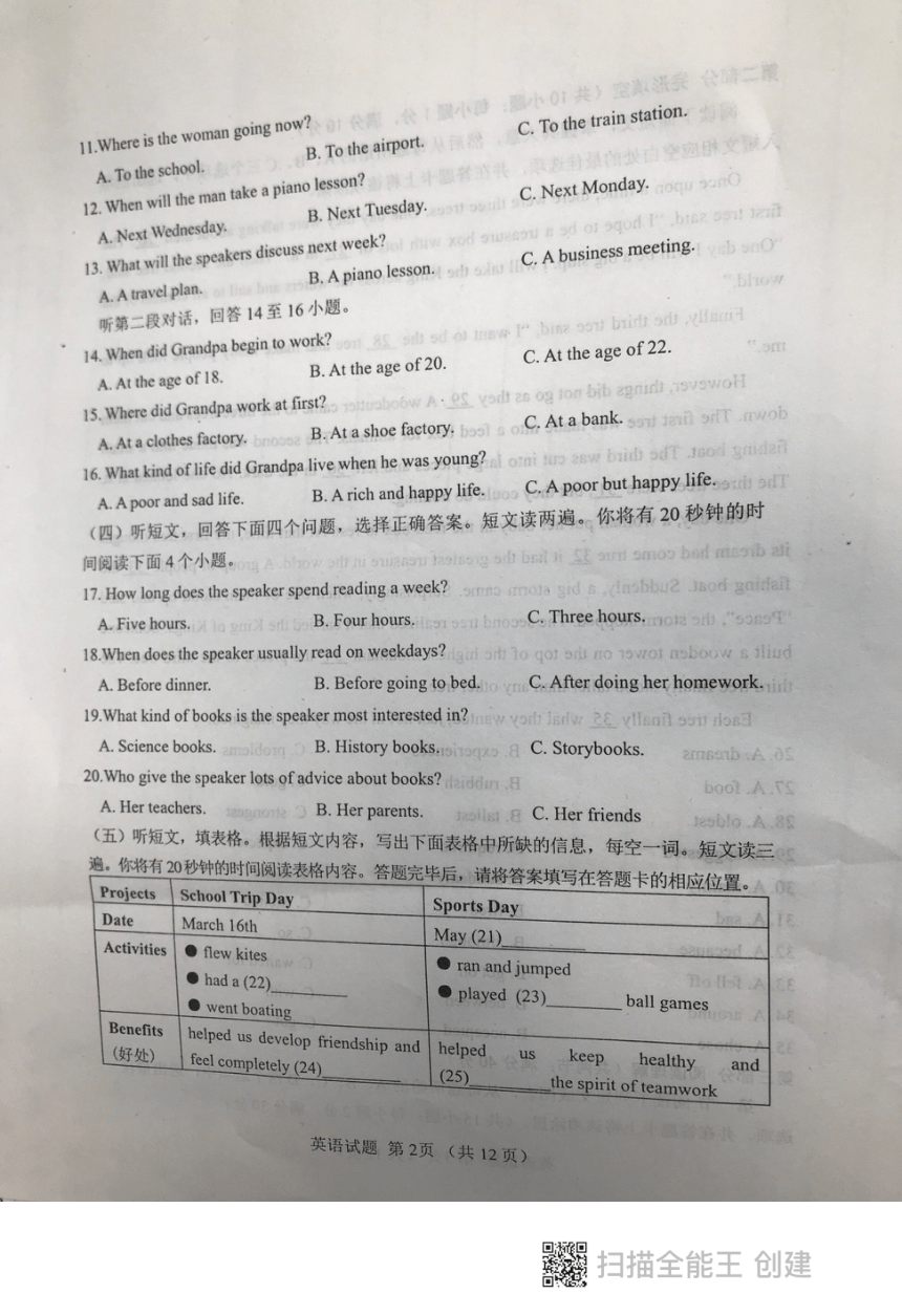 山东省泰安市东平县2023年九年级初中学生学业模拟考试一 英语试题（PDF版 无答案）