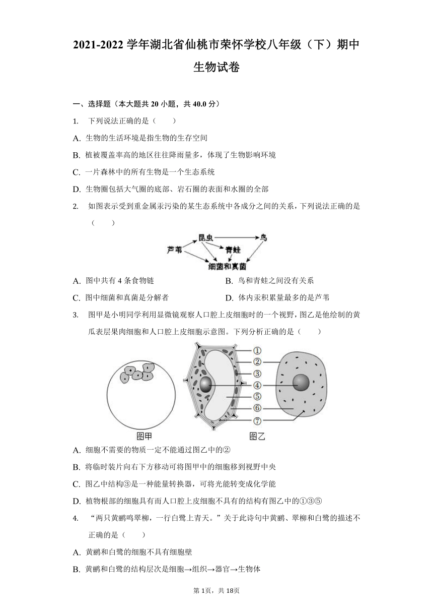 2021-2022学年湖北省仙桃市荣怀学校八年级（下）期中生物试卷（word版含解析）