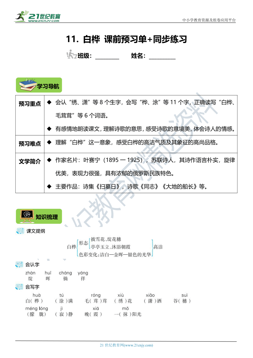 22年统编版4年级下册第11课《白桦》课前预习单+同步练习（含答案）