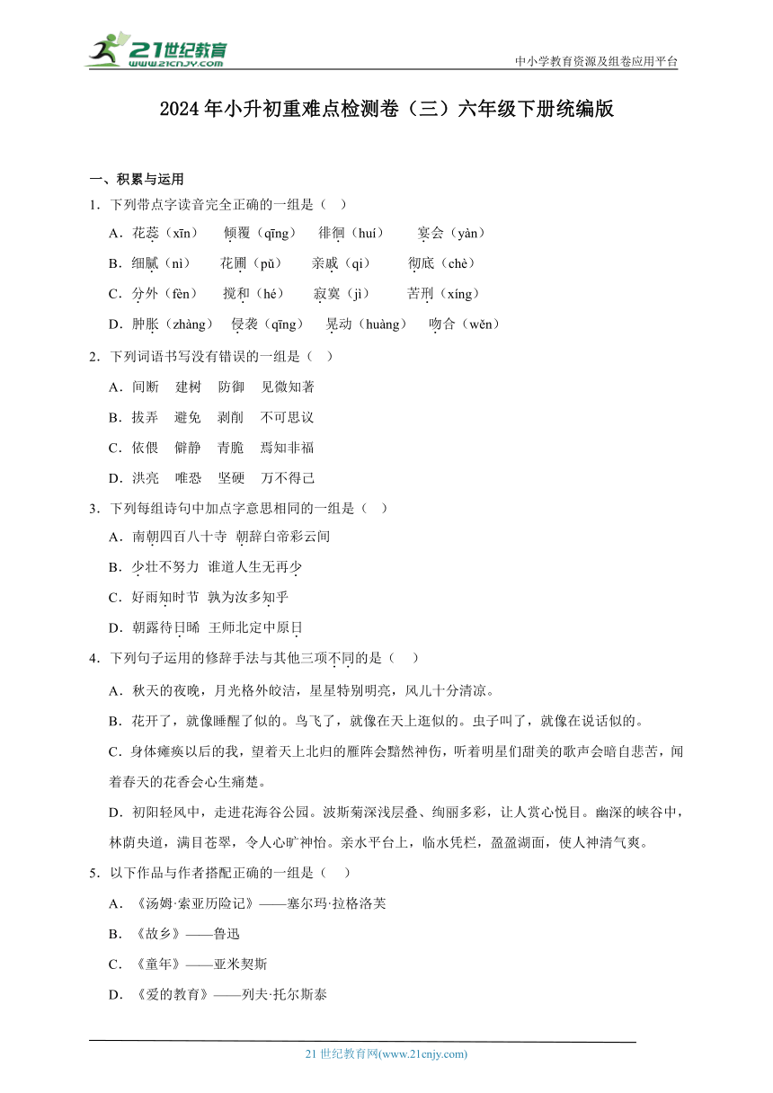 统编版六年级下册2024年小升初重难点检测卷（三）（含答案）