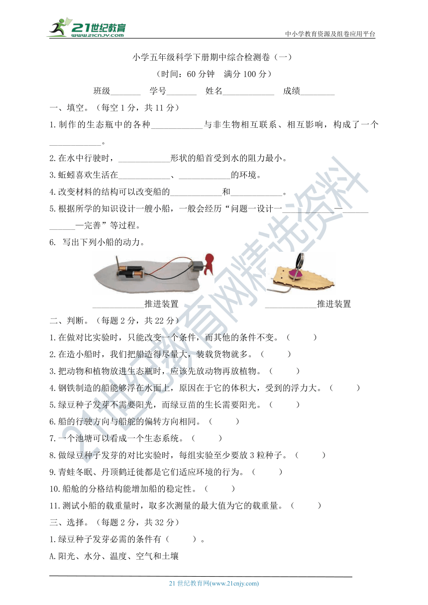 “双减”背景下小学五年级科学下册期中综合检测卷（一）（含答案）