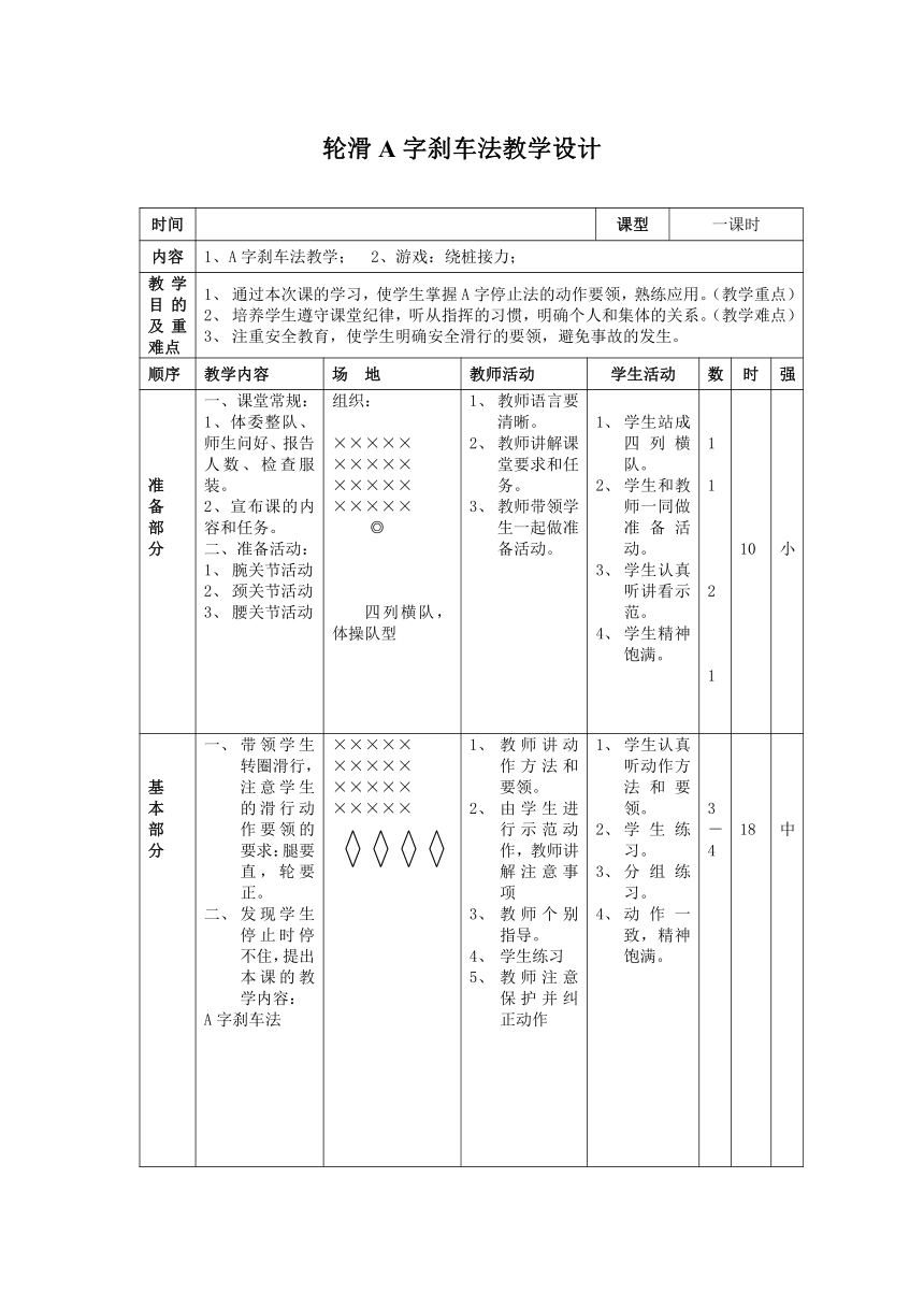 《轮滑A字刹车法》（教案） 体育与健康（水平三）五年级上册  人教版（表格式）