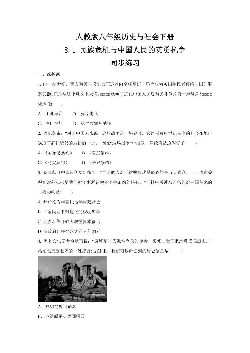 8.1 民族危机与中国人民的英勇抗争  同步练习   含答案