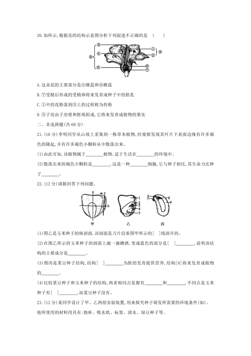 人教版生物学七年级上册同步练习：第三单元　第一、二章  单元综合测试(word版含答案）