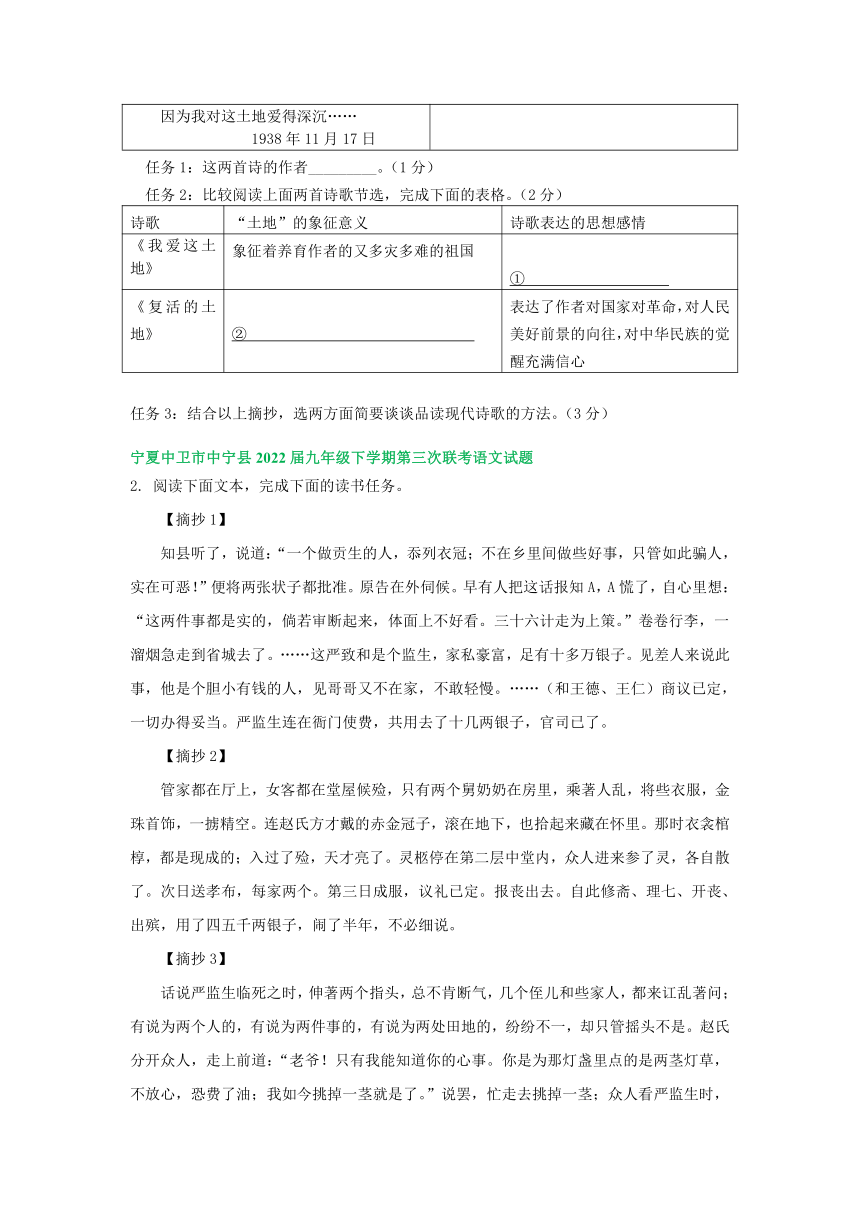 宁夏各地2022年中考语文模拟试卷分类汇编：名著阅读专题（含答案）