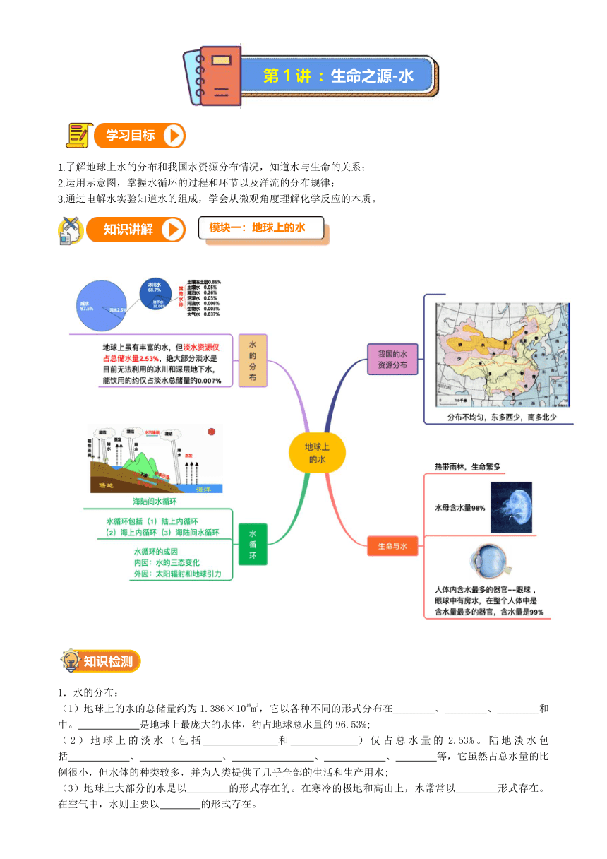 第1讲-生命之源-水（讲义+课后练习）---2021—2022学年浙教版八上科学暑期讲义（无答案）