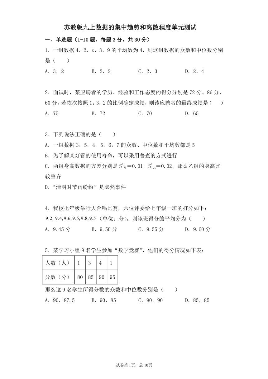 2020--2021学年苏科版九年级数学上册 第3章：数据的集中趋势和离散程度 单元测试（word版含答案）